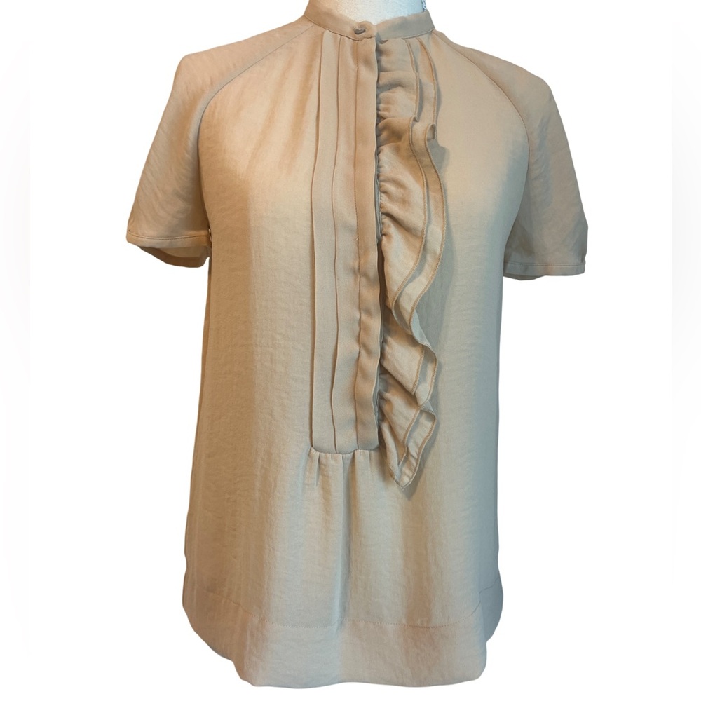Zara Tan Short Sleeve Ruffle Front Blouse